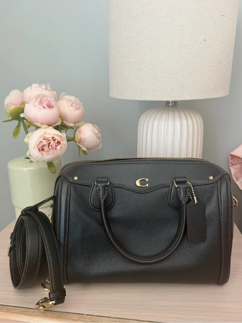 Coach Black Pebbled Leather Satchel with Gold Accent